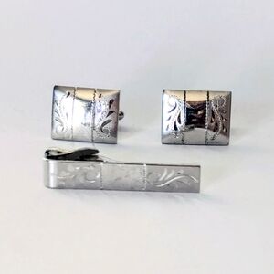 Elegant VINTAGE P&K STERLING SILVER Etched CUFFLINKS & TIE CLIP SET 17.89 Gr.